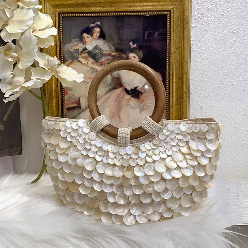 Brand Exquisite Double-sided Shell Handbag | Luxury Handmade Large Capacity Shell Crossbody Clutch Bag (Wooden Handle & Tote) Luxegan