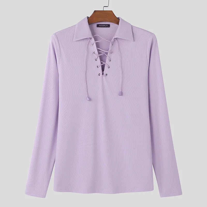 Mesh Drawstring Texture T-Shirt | Sophisticated Turn-Down Collar Silhouette | Elegant "Full-Length" Breathable Camiseta | "Dignified" Solid Knit Top for Radiant Versatile Styling Luxegan