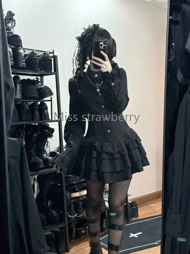 Women's Spring Vintage Gothic Lace-Up Dress | High Street Black Lolita Slim Fit Mini Dress | Y2k Lace Full Sleeve Ball Gown Clothing | Premium Tatting Half High Collar Dress Model 2503273Y Luxegan