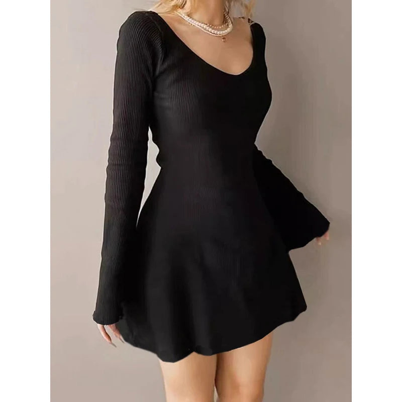 Solid V-Neck Sash Belt Slim Fit-and-Flare Mini Dress – Medium Stretch Polyester, Natural Waist, Spring/Summer Luxegan