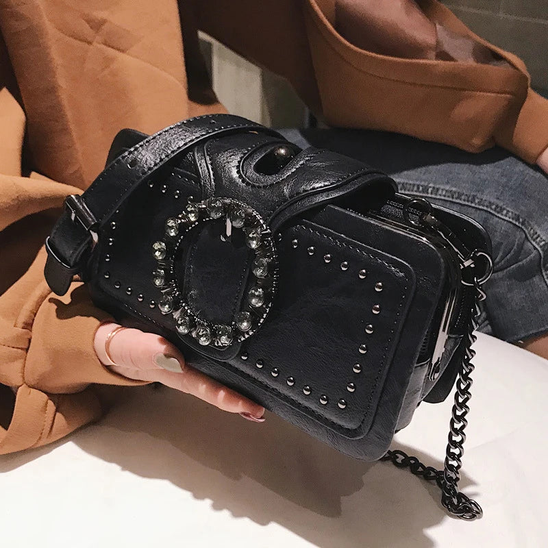 Vintage Round Rhinestone Buckle Shoulder Bag | Fashion Punk Design Top-Handle Crossbody Bag (Popular Rivets Decor Purse for Women) Luxegan