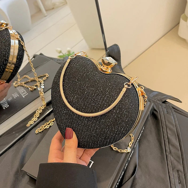 Shiny Heart Shape Metal Evening Clutch Bag for Women | Fashion Chain Shoulder Crossbody Bag (Luxury Lady Purse) Luxegan