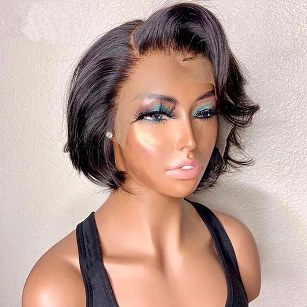 Asymmetrical Side-Part Straight Pixie Bob Wig | 13x1 Transparent Swiss Lace Frontal Wig | 100% Brazilian Remy Human Hair Short Straight Pixie Cut Wig for Women (Natural Black) Luxegan