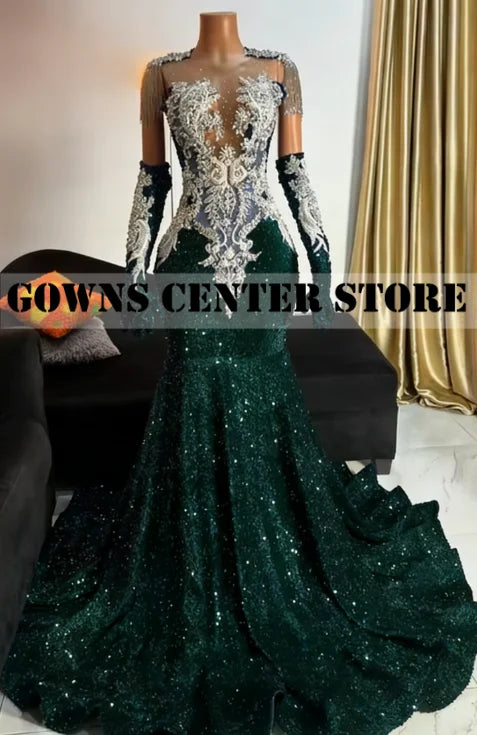 Royal Blue Luxury Crystal Beaded Mermaid Prom Dress | Exquisite Tassel Evening Gown with Matching Gloves | Sleeveless O-Neck Velour Formal Dress with Sweep Train Luxegan