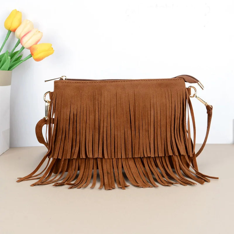 Vintage Tassel Crossbody Bag | Sophisticated Boho Style Fringe Shoulder Bag | Elegant Versatile Women’s Handbag | Luxury Cotton Fabric Square Purse with "Dignified" Artisan Tassel (Model T618) Luxegan