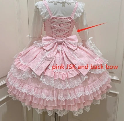 Women's Sweet Lolita JSK Suspender Dress Set | Original Doll Feeling Princess Fairy Mini Gown | Elegant Lace Bow Spaghetti Strap Cake Dress | Premium Tatting Slight Stretch Empire Waist Vestido Luxegan