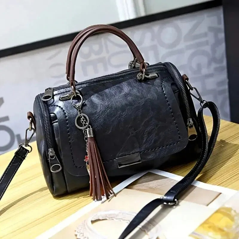 Tassel Decor Large Capacity Boston Bag for Women | Fashionable Zipper Shoulder & Crossbody Bag | Premium PU Leather Handbag with Removable Strap | Elegant Party & Event Travel Tote Luxegan