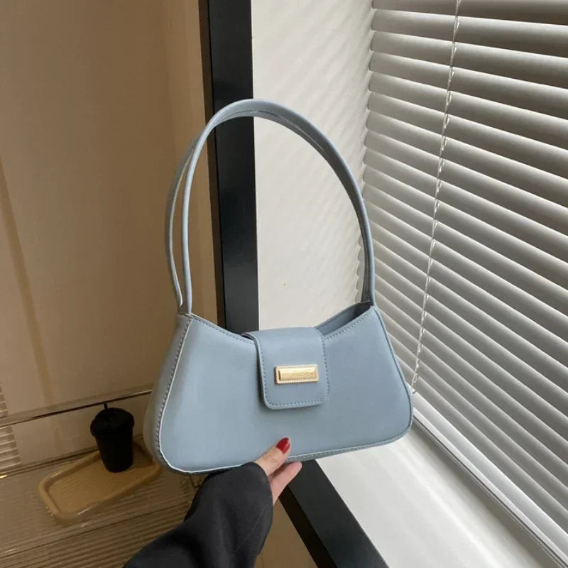 Minimalist Saddle Shoulder Bag | Sophisticated Simple Solid-Color Underarm Bag | Elegant Buckle-Detail Handbag | "Dignified" Structured Small Top-Handle Purse for Versatile Fashion Styling Luxegan