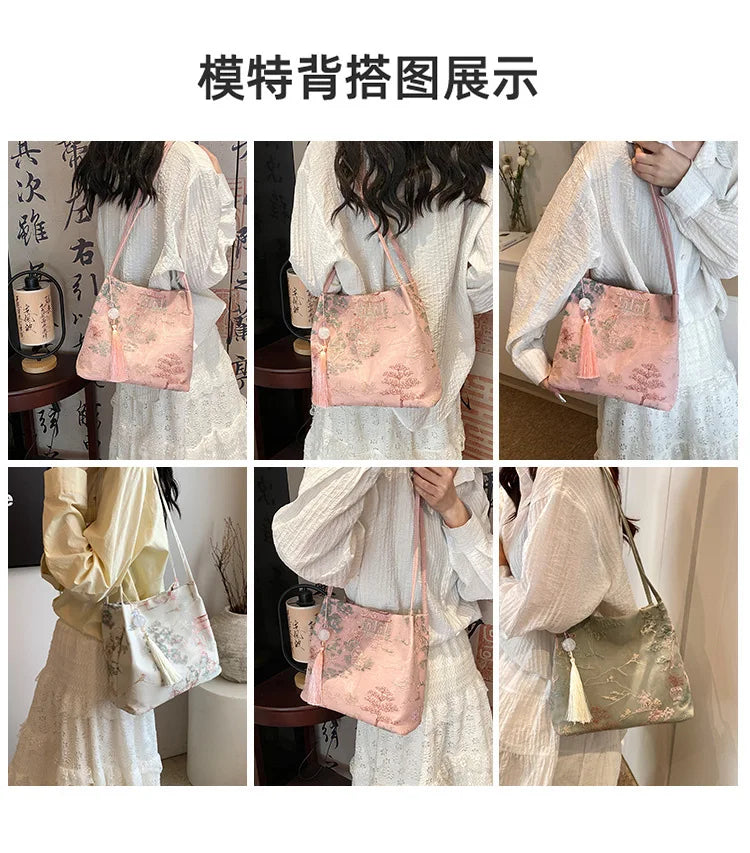 New Chinese Style Retro Silk Jacquard Bag | Sophisticated Minimalist Fashion Shoulder Bag | Elegant Single Strap Diagonal Crossbody | Luxury Silk Women’s Square Handbag with Smart Interior Luxegan