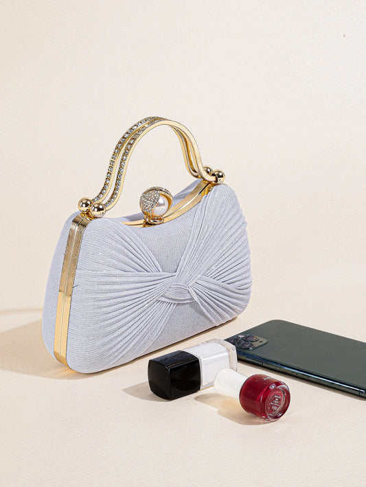 Glitter Ruched Evening Bag for Women | Elegant Faux Pearl Decor Clutch Purse | Sophisticated Shimmer Party Handbag | Glamorous Formal Evening Accessory with Pearl Embellishments Luxegan