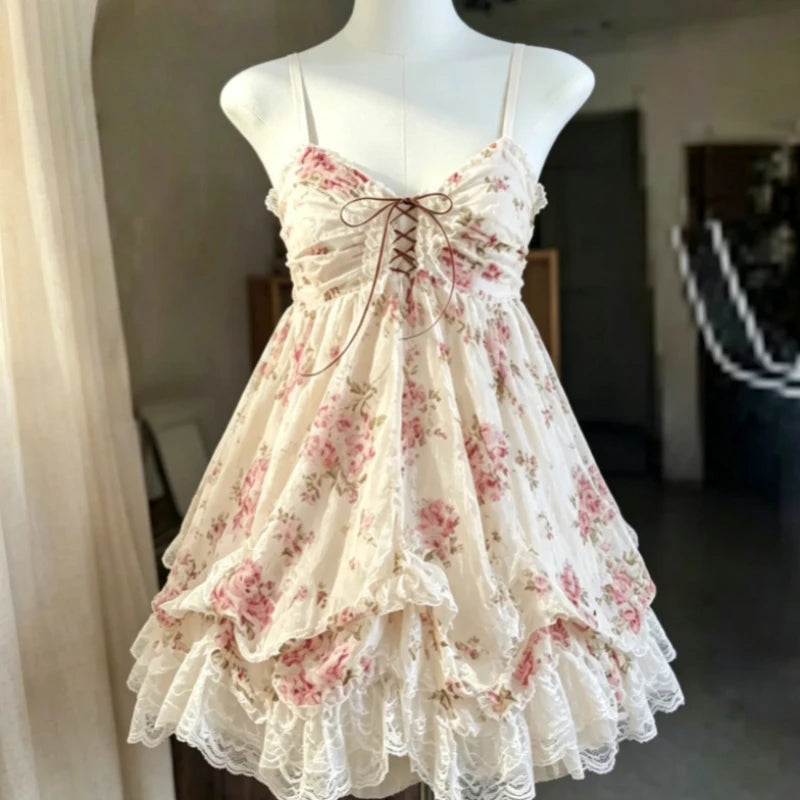 Women's Y2k Lolita Cute Mini Dress | Spicy Girls Floral Style Lace-Up Summer Dress | Elegant Square Collar Ruffle Slim Fit Vestido | Premium Tatting Regular Fit A-Line Dress Model QZ6007 Luxegan