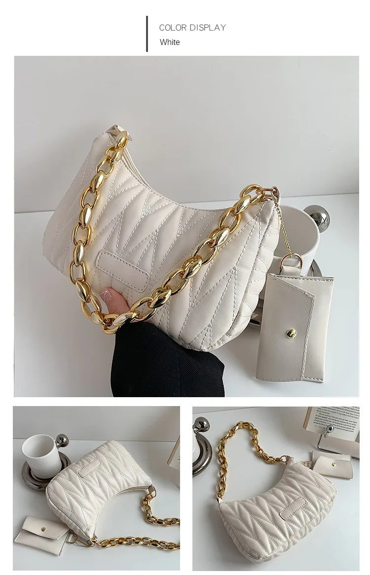 Quilted Ruched Crescent Shoulder Bag | Sophisticated England-Style Chain Handbag | Elegant Half-Moon Purse with Coin Pouch | "Dignified" Soft TPU Carryall for Versatile Daily Styling Luxegan