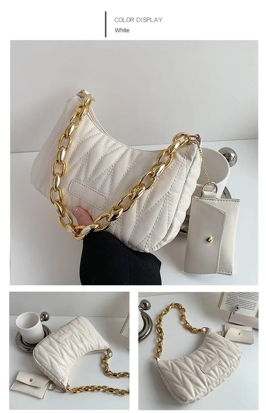 Quilted Ruched Crescent Shoulder Bag | Sophisticated England-Style Chain Handbag | Elegant Half-Moon Purse with Coin Pouch | "Dignified" Soft TPU Carryall for Versatile Daily Styling Luxegan