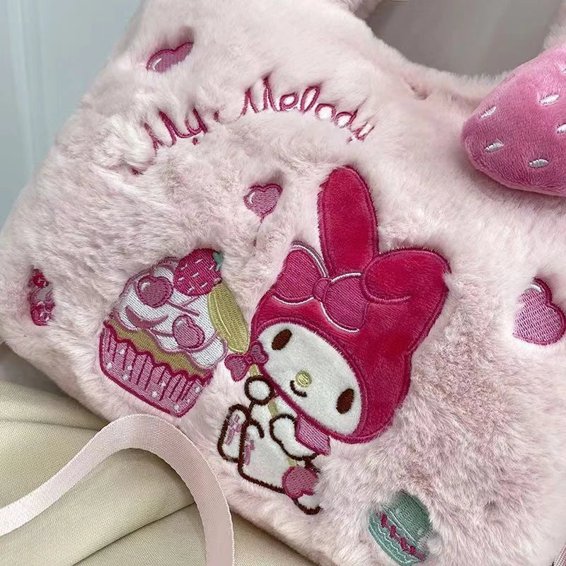 Kawaii Hello Kitty Plush Shoulder Bag | My Melody Cinnamoroll Kuromi Cute Cartoon Anime Handbag (Soft Storage Bag for Women & Girls) Luxegan