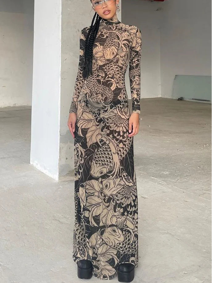 Mesh Print Bodycon Maxi Dress | O-Neck Full Sleeve Slim High Street Y2K Dress Luxegan