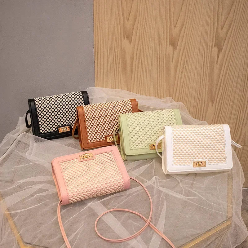 New Fashion Women’s Messenger Bag | Trendy All-Match Small Square Mesh Bag | Sophisticated Hit-Color One-Shoulder Mobile Phone Bag | Elegant TPU Satchel with Criss-Cross Detail Luxegan