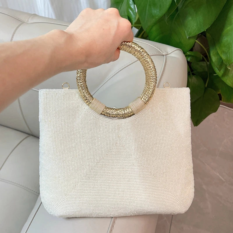 Indian Handmade Heavy Industry Bead Handbag | Embroidered Rhinestone Pearl Diagonal Tote & Women's Wedding Party Bag