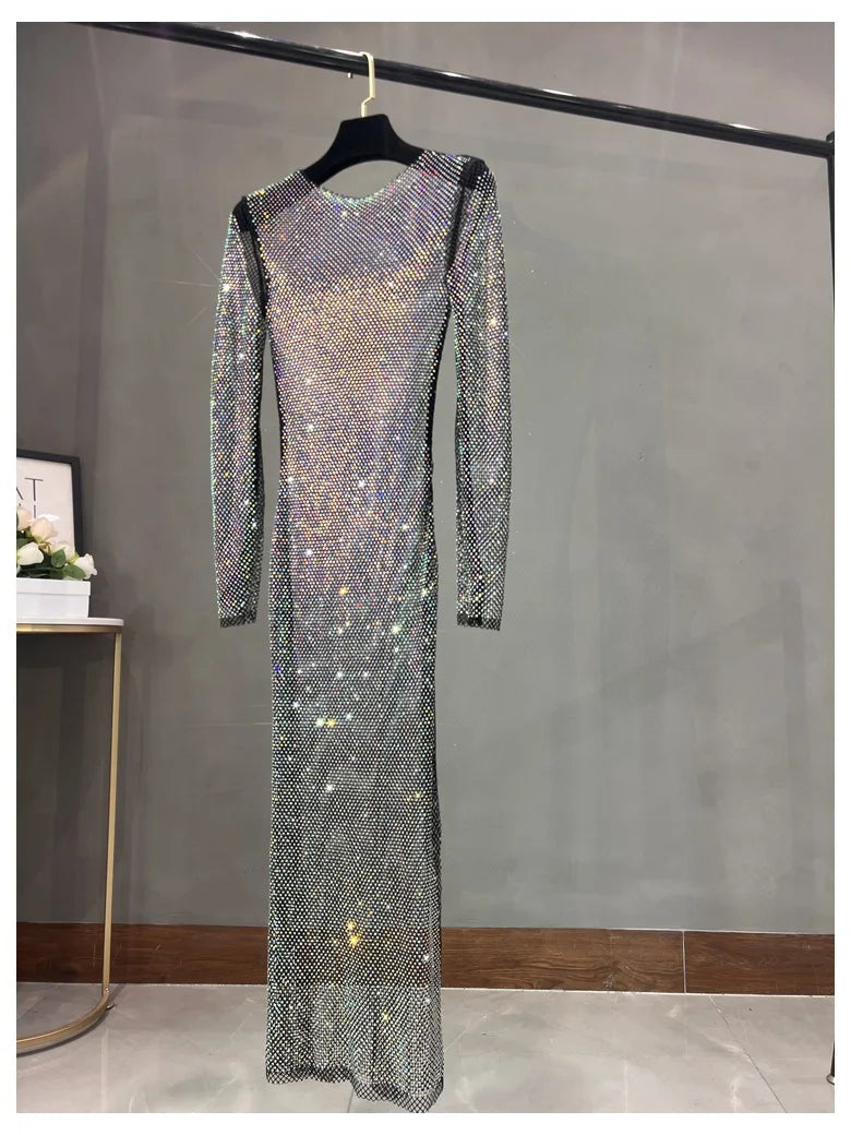 Long Sleeve Rhinestone Diamond Hollow-Out Sheath Maxi Dress | Sexy Club Glam Floor-Length Gown Luxegan