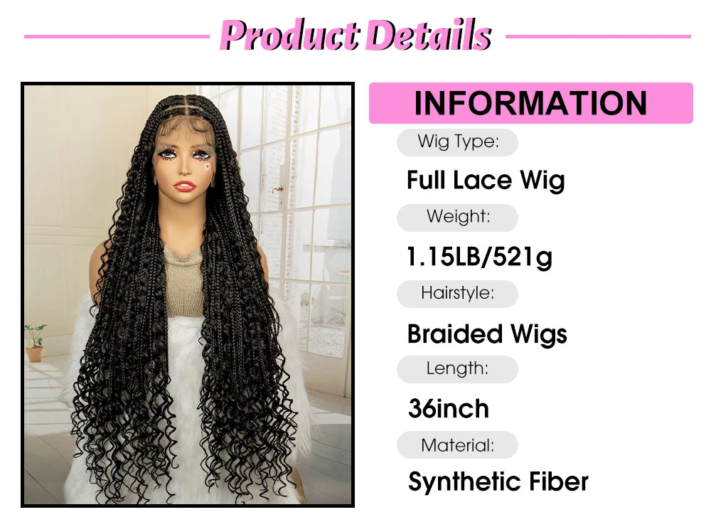 36 Inches Long Boho Braided Wigs with Baby Hair Synthetic Full Lace Knotless Box Braiding Wig with Curly Lace Frontal Wig Luxegan