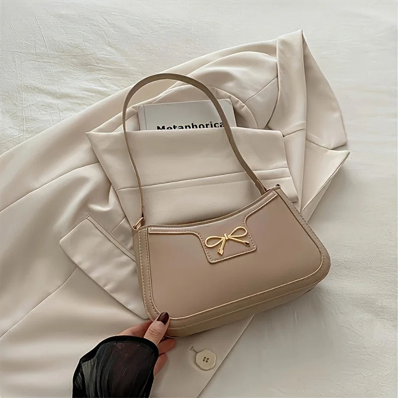 Elegant Solid Color Bowknot Shoulder Bag | Sophisticated Small Square Handbag for Women | Fashion-Forward Sequined Underarm Bag | Trendy PU Leather Casual Tote with Versatile Single Strap Luxegan