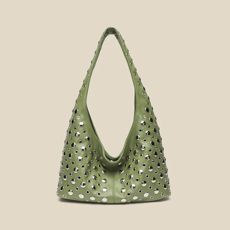 Women's Fashion Punk Metal Rivet Bucket Bag | High-End PU Suede Underarm Shoulder Tote | New Retro Trendy Motorcycle Handbag | Premium Solid Color Shoulder Bag with Hasp Closure Luxegan