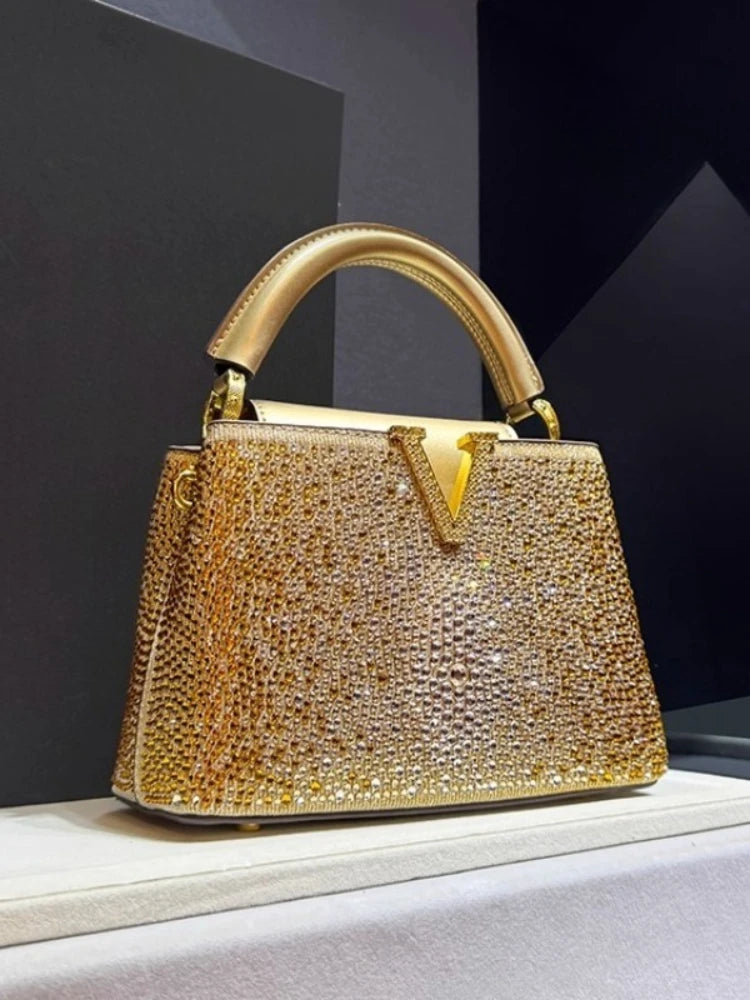 Luxury Brand Leather Diamond Handbag | High-End Rhinestone Shoulder & Crossbody Bag | Elegant Evening Tote with Interior Zipper Pocket Luxegan