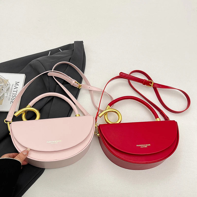 Designer Semicircle Saddle Crossbody | Small Hard PU Leather Handbag Luxegan