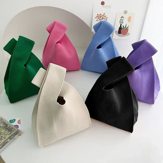 Handmade Knit Knot Wrist-Bag | Sophisticated Color-Striped Casual Tote | Elegant Plaid-Inspired Student Handbag | "Dignified" Soft Polyester Reusable Shopping Bag for Versatile Daily Styling Luxegan