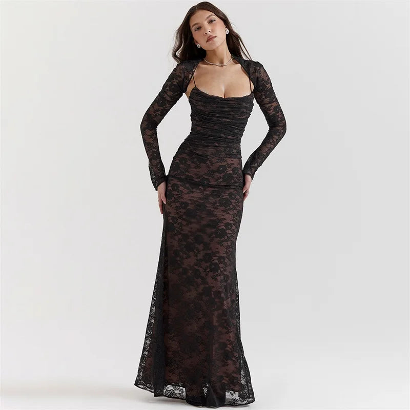 Ivory Ethereal Lace Prom Ensemble | Two-Piece Liquid-Jersey Kinetic Gala Gown | Architectural Square-Neck Slip & Majestic Tie-Back Full-Sleeve Robe Artifact | Classic Ankle-Length Luxegan