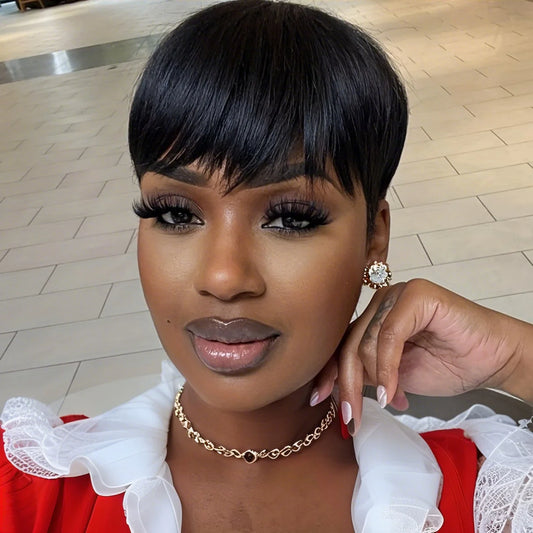 100% Human Hair Straight Short Pixie Cut Wig with Bangs | Tangle-Free Full Machine Made for Women (Natural Hairline) Luxegan