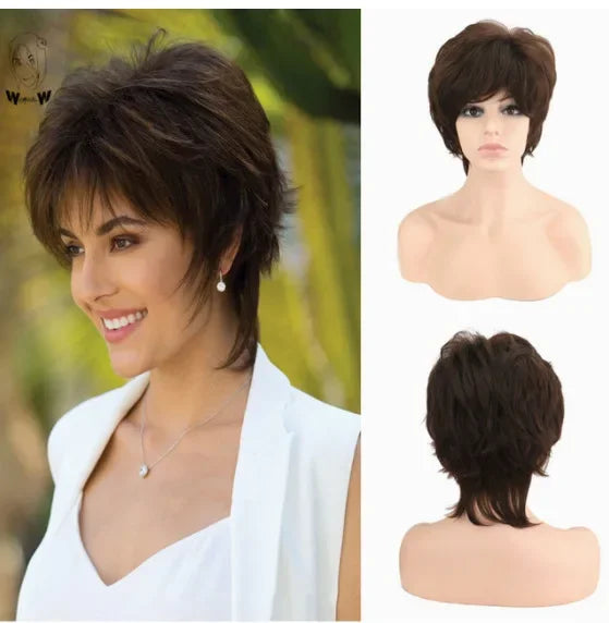 Short Brown Bob Wig with Bangs | Mixed Blonde Synthetic Natural Hair Wig for Women (Soft Mommy Hair, Daily Use) Luxegan