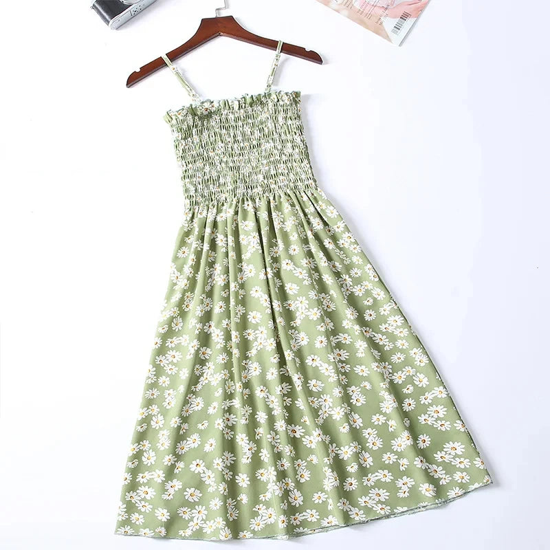 Floral Chiffon Spaghetti Strap Mini Dress | Ruffled Slash-Neck Elastic Waist Sundress | Tiered Spring/Summer Slim Fit A-Line Dress Luxegan