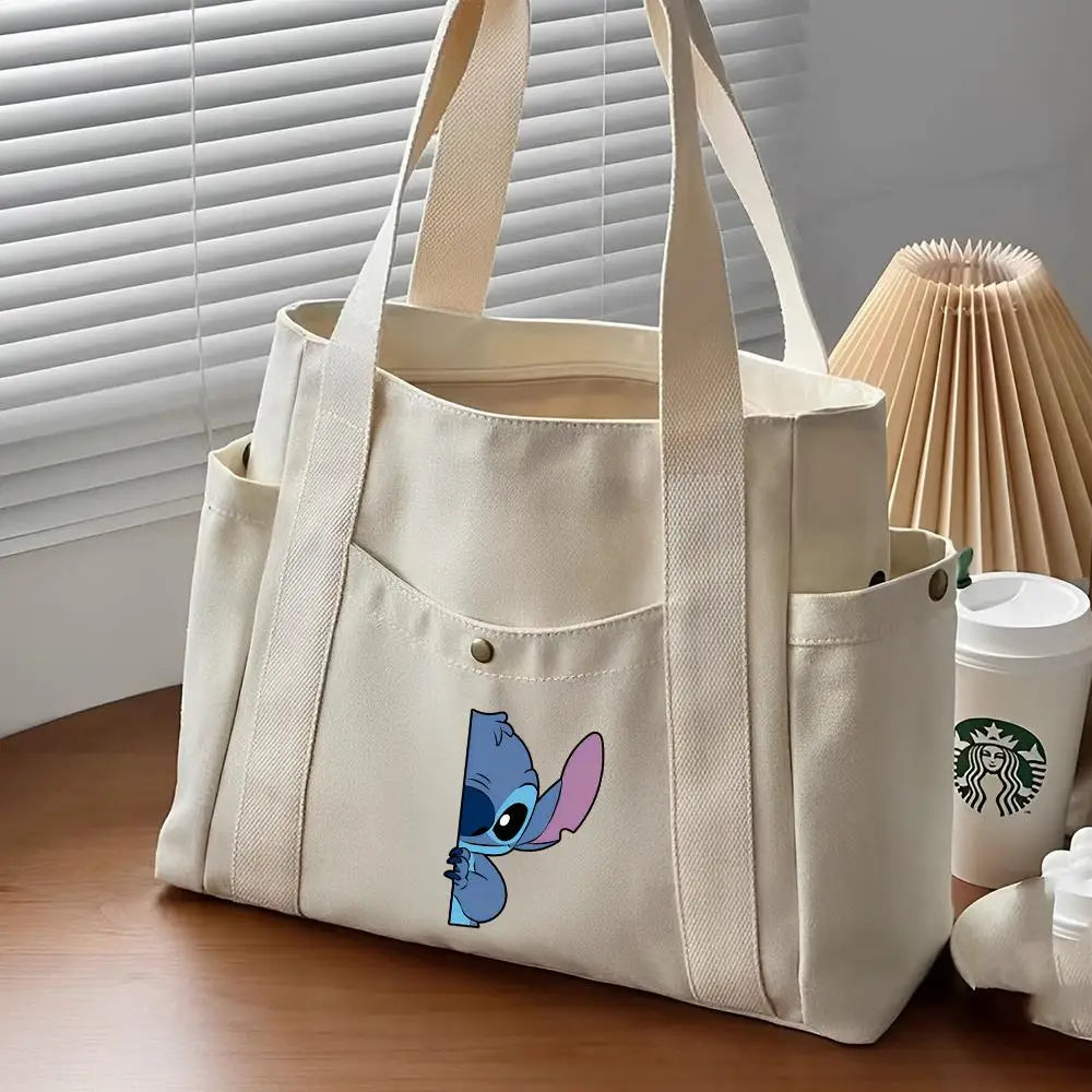 Lilo & Stitch Large Canvas Tote Bag | College Style Commuter & Student Shoulder Bag | Cartoon Shopping Handbag (Unisex) Luxegan