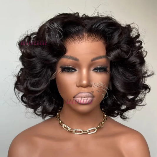 Burgundy Ombre Bouncy Wave Wig | Sophisticated 300% Density Loose Curly Bob | Elegant 4x4 HD Transparent Lace Closure | "Dignified" 12-Inch Raw Indian Virgin Hair for Effortless "Wear & Go" Styling Luxegan