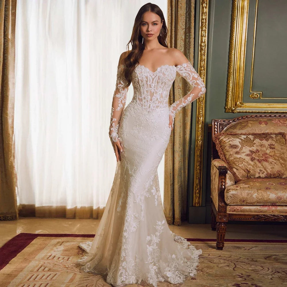Sexy Mermaid Strapless Wedding Dress | Exquisite Sheer Full-Sleeve Applique Bridal Gown | Low-Back Lace Floor-Length Dress with Court Train Luxegan