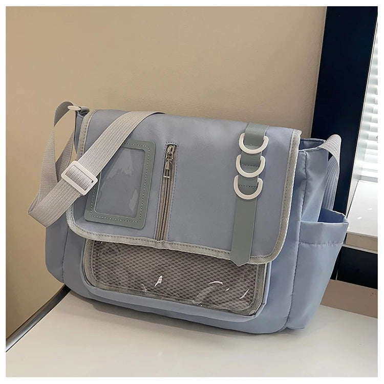 New Y2K Japanese Harajuku School Bag | Transparent Crossbody Ita Bag for Girls | DIY Badges Display Plate Shoulder Satchel Luxegan