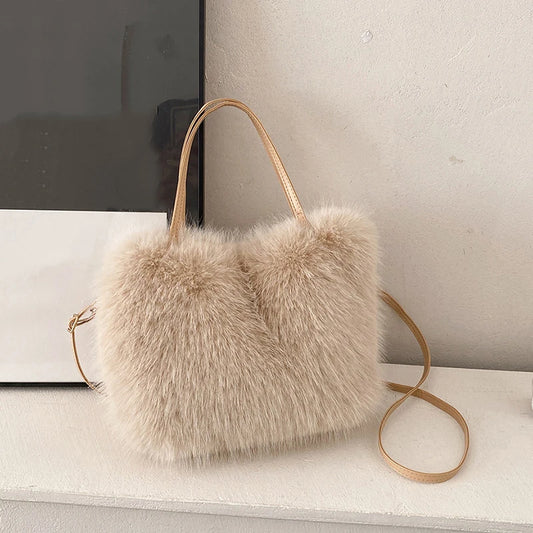Faux Fur Tote Bag Women's | Bucket Plush Luxury Design Ladies Handbags & Soft Winter Crossbody Shoulder Bags (Bolsa Feminina) Luxegan