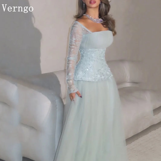 Verngo Vestido de noche de tul verde menta con lentejuelas, cuello cuadrado, mangas largas, vestidos de fiesta de corte A, vestido de fiesta de Arabia Saudita, personalizado