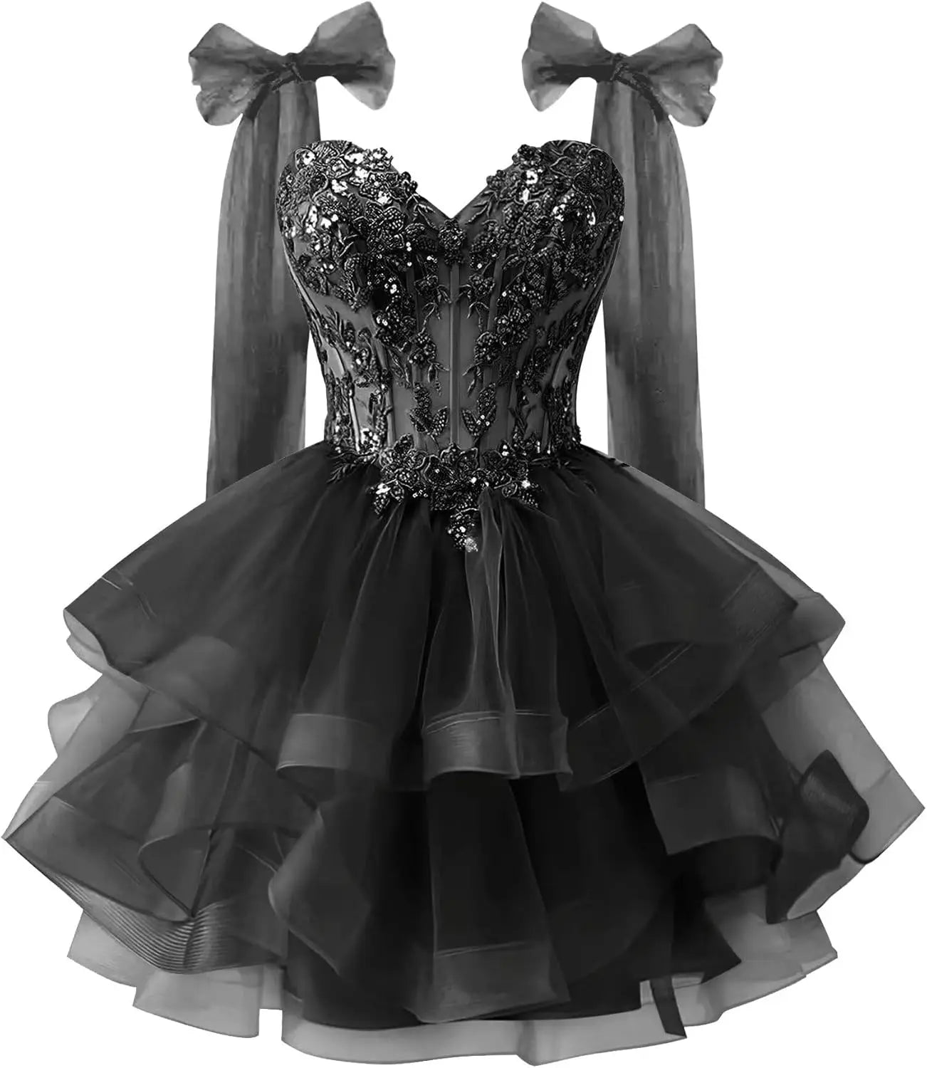 Tiered Tulle Homecoming Dresses Sparkly Lace Applique Bow Straps Short Prom Dress for Teens Cocktail Dress Graduation Dress