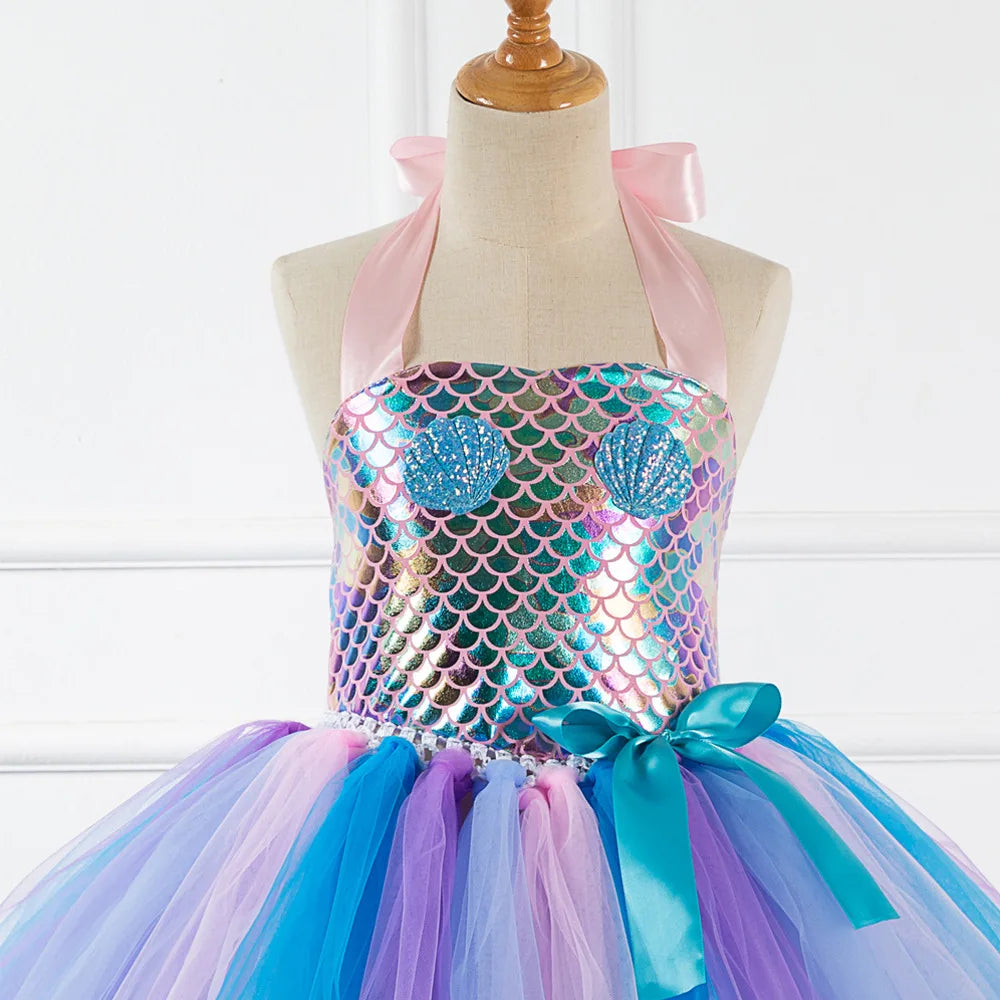 Kids Girls Cosplay Party Dress Princess Dress Up Mermaid Tulle Tutu Dresses Theme Birthday Party Costume with Flower Headband