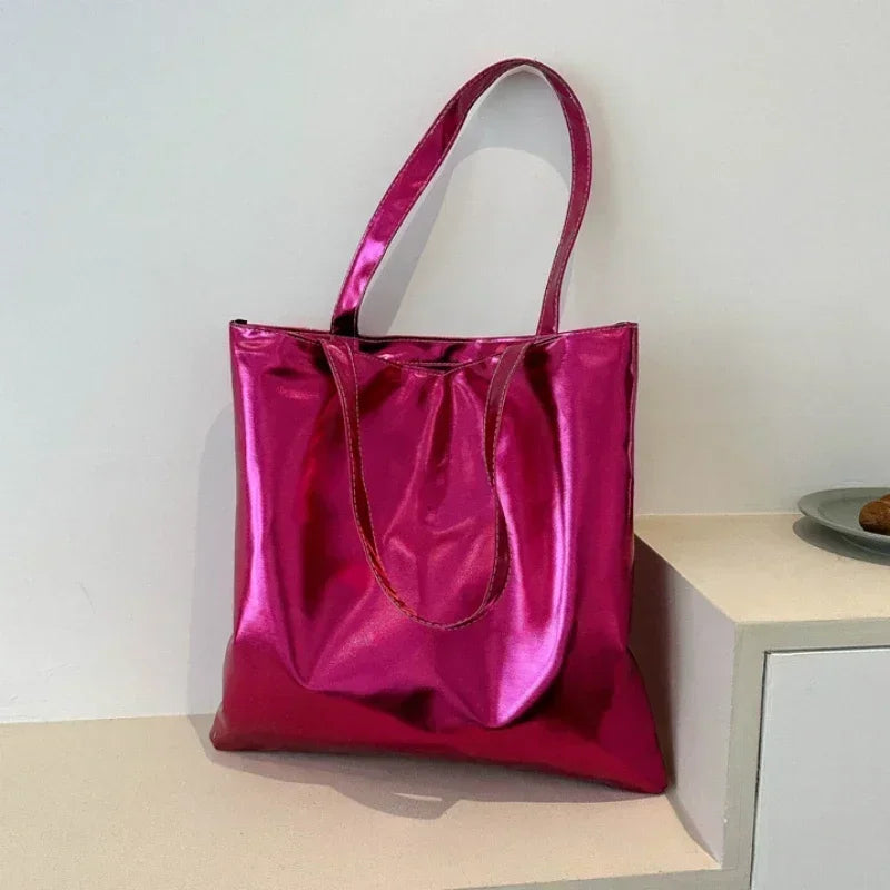 Glossy Fashion Tote Bag | Sophisticated High-Capacity Shopping Pouch | Elegant Shiny Casual Female Purse | "Dignified" Soft TPU Handbag with Top Handles for Versatile Daily Styling Luxegan