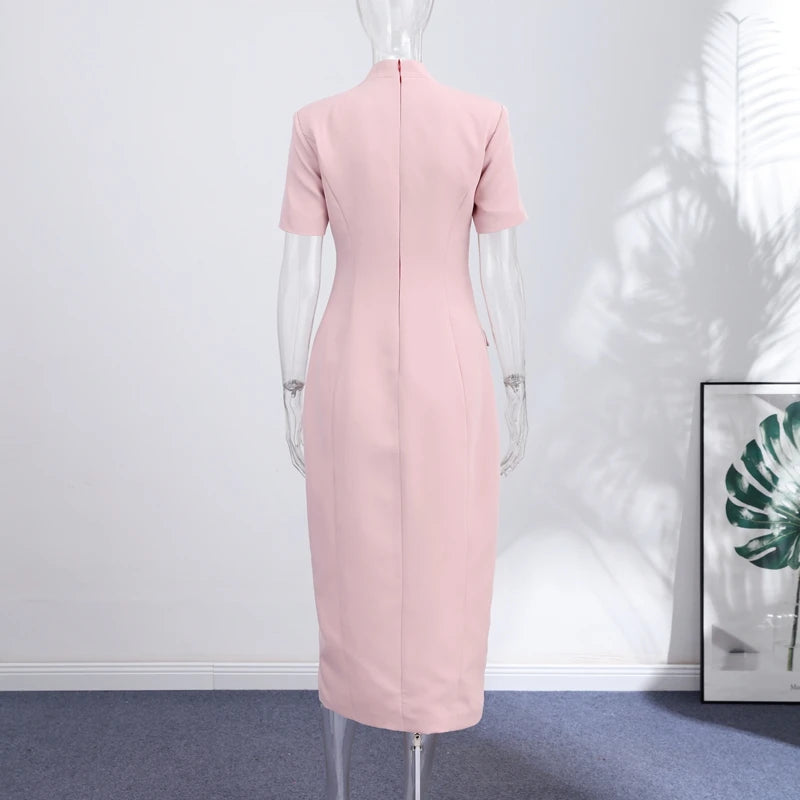 Elegant Solid Buttons Long Dress Women Waist Cinched Shoulder Pads High Collar Slit Dresses 2026 Spring Summer Lady Party Robes