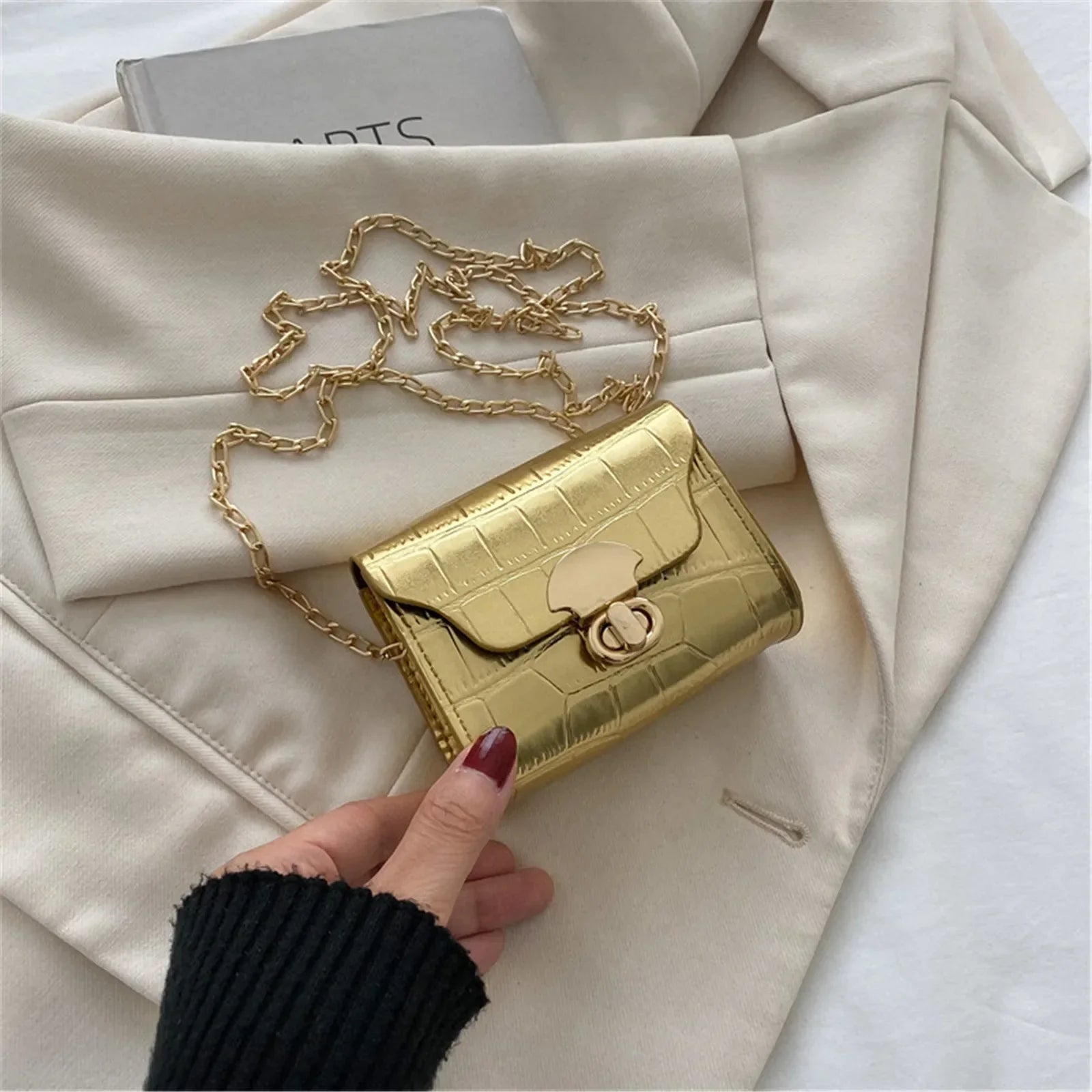 Korean Style Leather Bright Surface Shoulder Bag | Chain Mini Crossbody Bag & Lipstick Pouch Luxegan