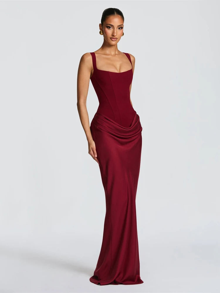 Pleated Strapless Off-Shoulder Backless Maxi Gown | High Waist Split Sexy Solid Evening Party Dress Luxegan