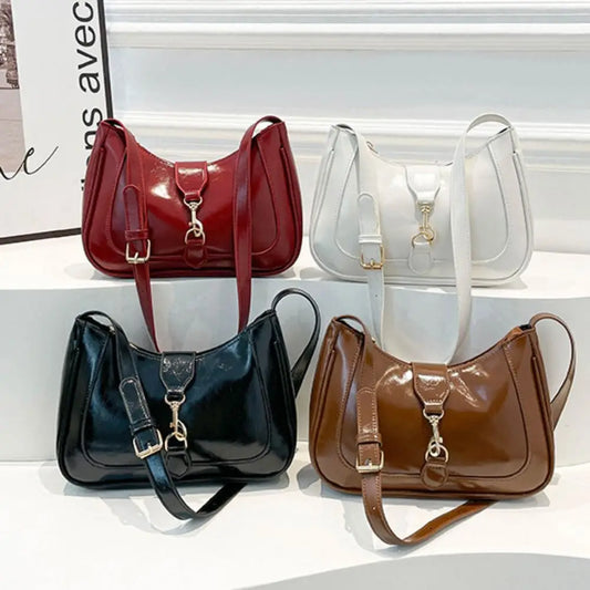 Elegant Patent Leather Shoulder Bag | Large Capacity Retro Armpit Bag | Smooth Solid Color Belt Buckle Clutch Handbag Luxegan
