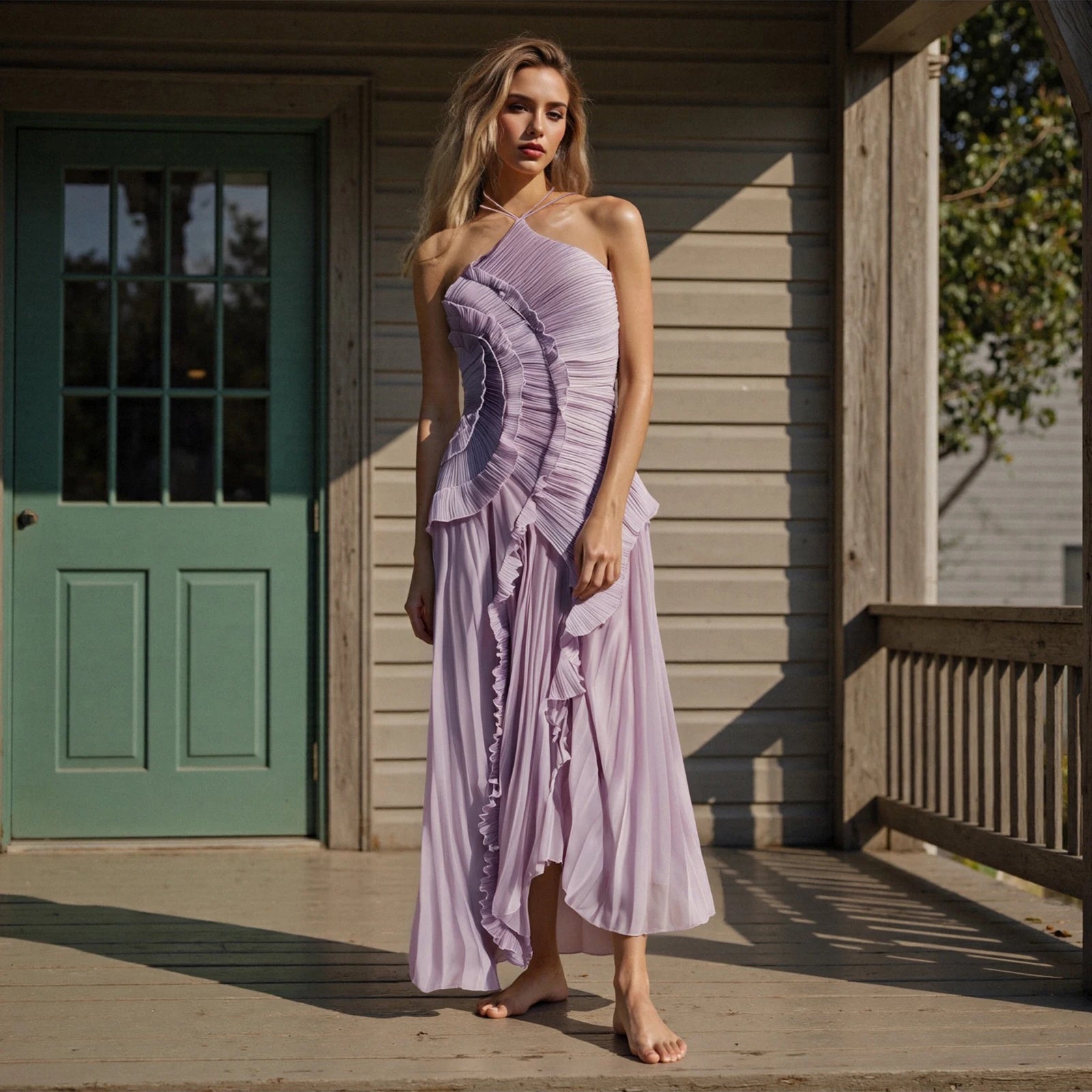 New Fashion Women's Ruffle Halter Maxi Dress | Summer Sleeveless Flowy Long Dress | Elegant Solid Color Loose A-Line Vestido | Trendy Y2K High-Waist Empire Regular Fit Ankle-Length Gown Luxegan