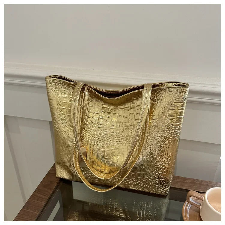 PU Leather Crocodile Casual Tote | Soft Silver/Gold/Black Big Shoulder Bag Sac Luxegan