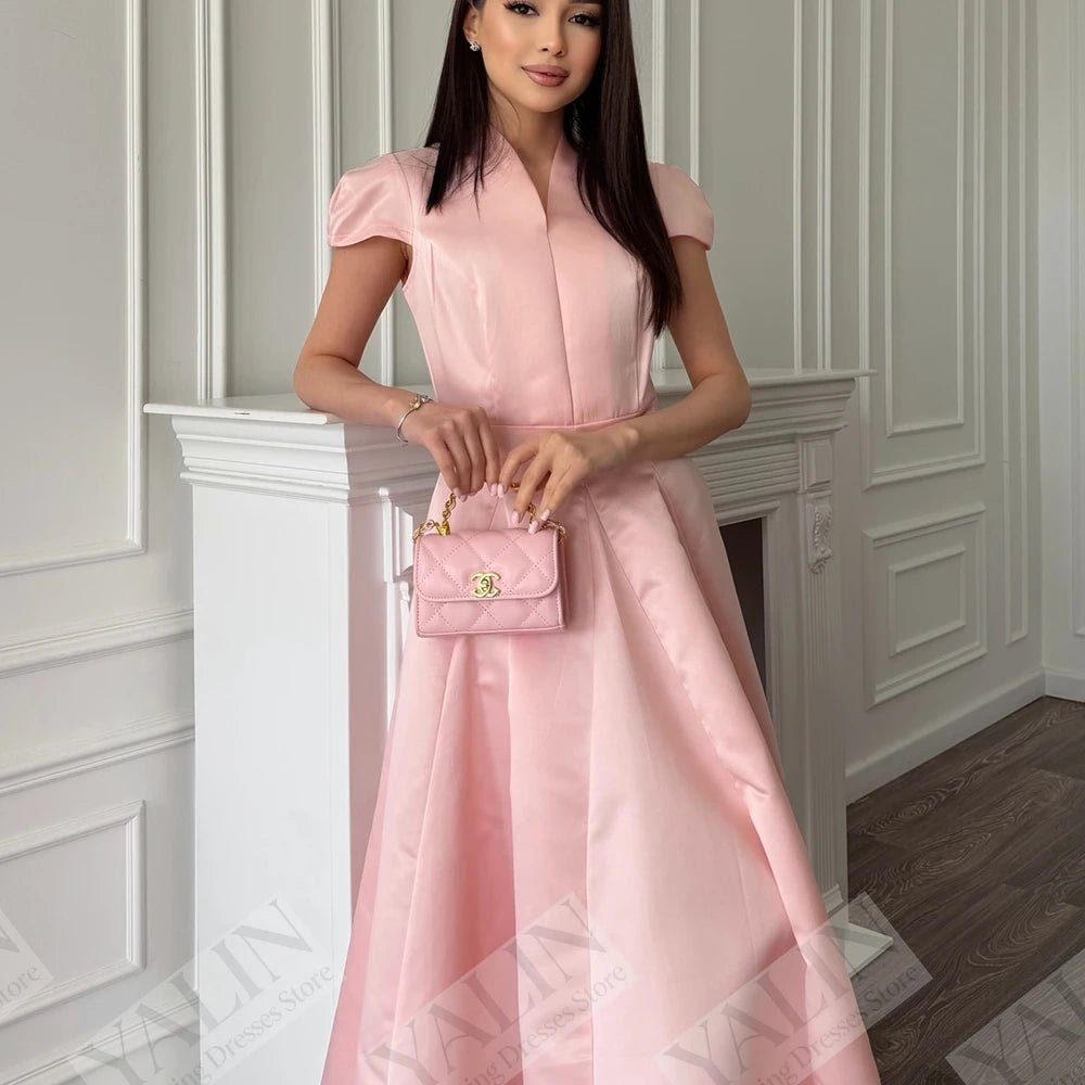 Draped A-Line Evening Gown | V-Neck Sleeveless Tea-Length Prom Dress Luxegan