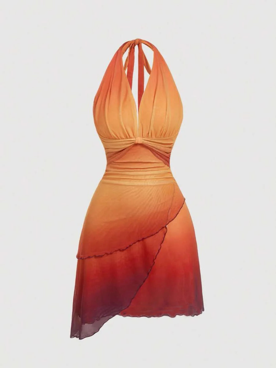 Gradient Bow Tie Strap Asymmetrical Dress | Sexy Sweetheart Neck Backless Spaghetti Strap Dress | Premium Medium-Stretch Slim Fit Sheath Dress | Fashionable Mid-Calf Knee-Length Summer Vestido Luxegan