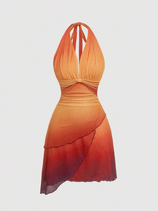 Gradient Bow Tie Strap Asymmetrical Dress | Sexy Sweetheart Neck Backless Spaghetti Strap Dress | Premium Medium-Stretch Slim Fit Sheath Dress | Fashionable Mid-Calf Knee-Length Summer Vestido Luxegan